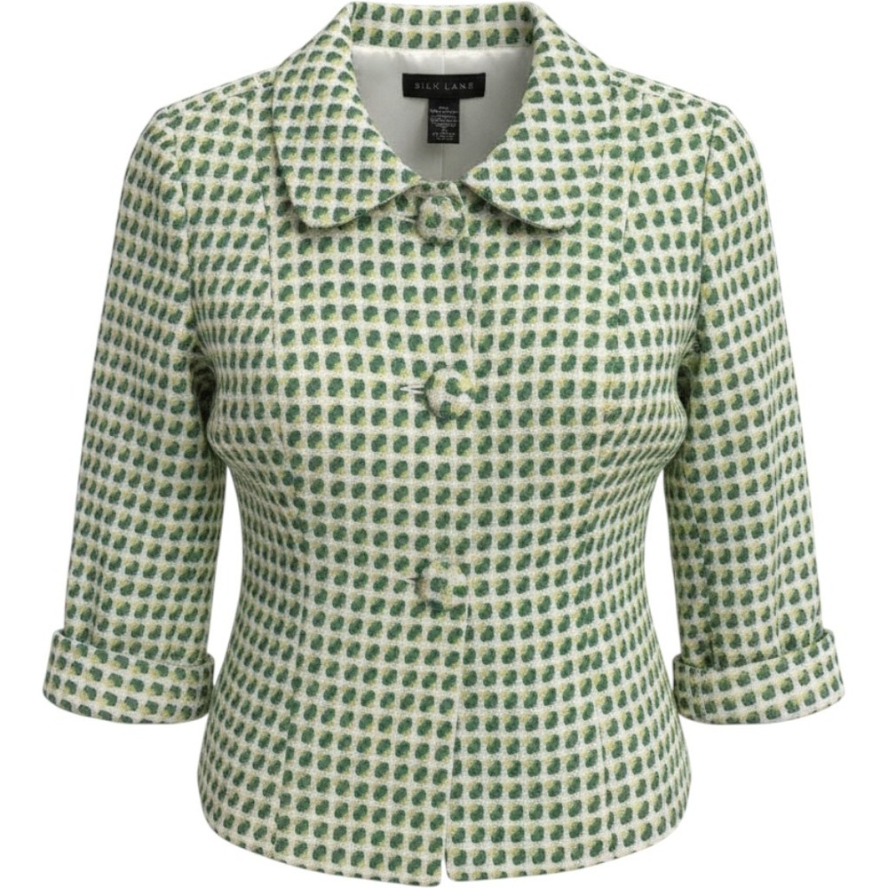 Silk Land Green Yellow Basketweave Cropped Blazer‎ Peter Pan Collar M NWT